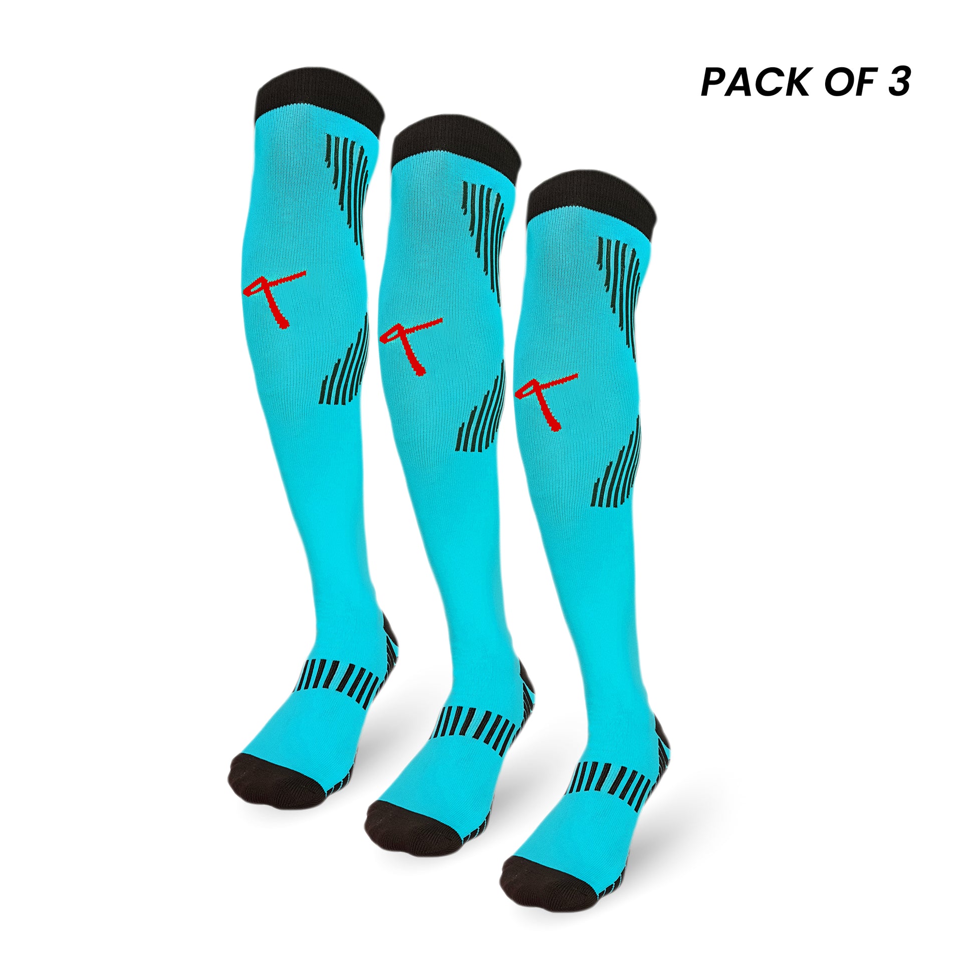 Pack of 3 sky blue knee-high football socks with cushioned sole and Chevron Grip Tech.