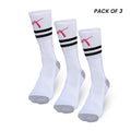 Pack of 3 crew-length tennis socks in white with black stripes for men and women.