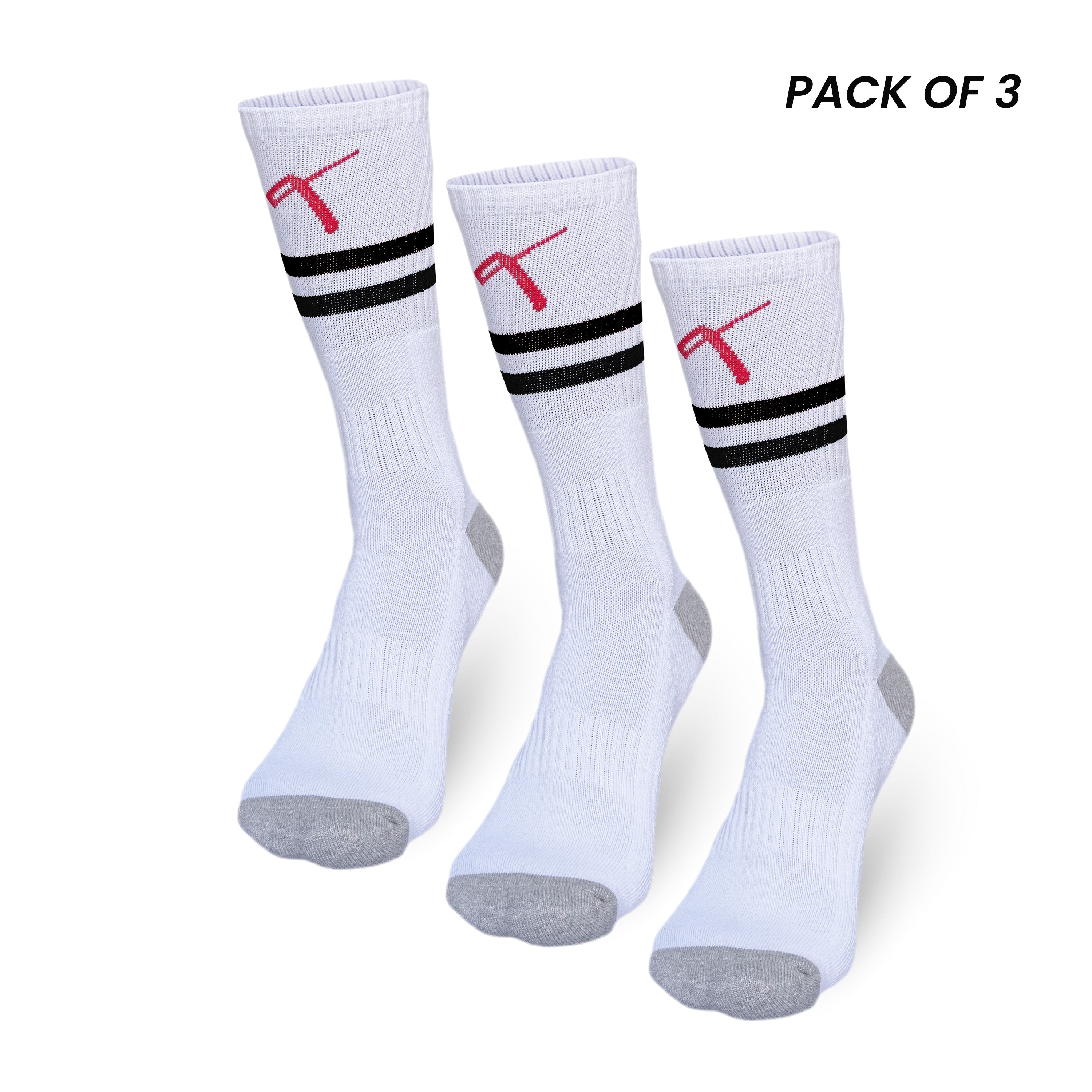Pack of 3 crew-length tennis socks in white with black stripes for men and women.