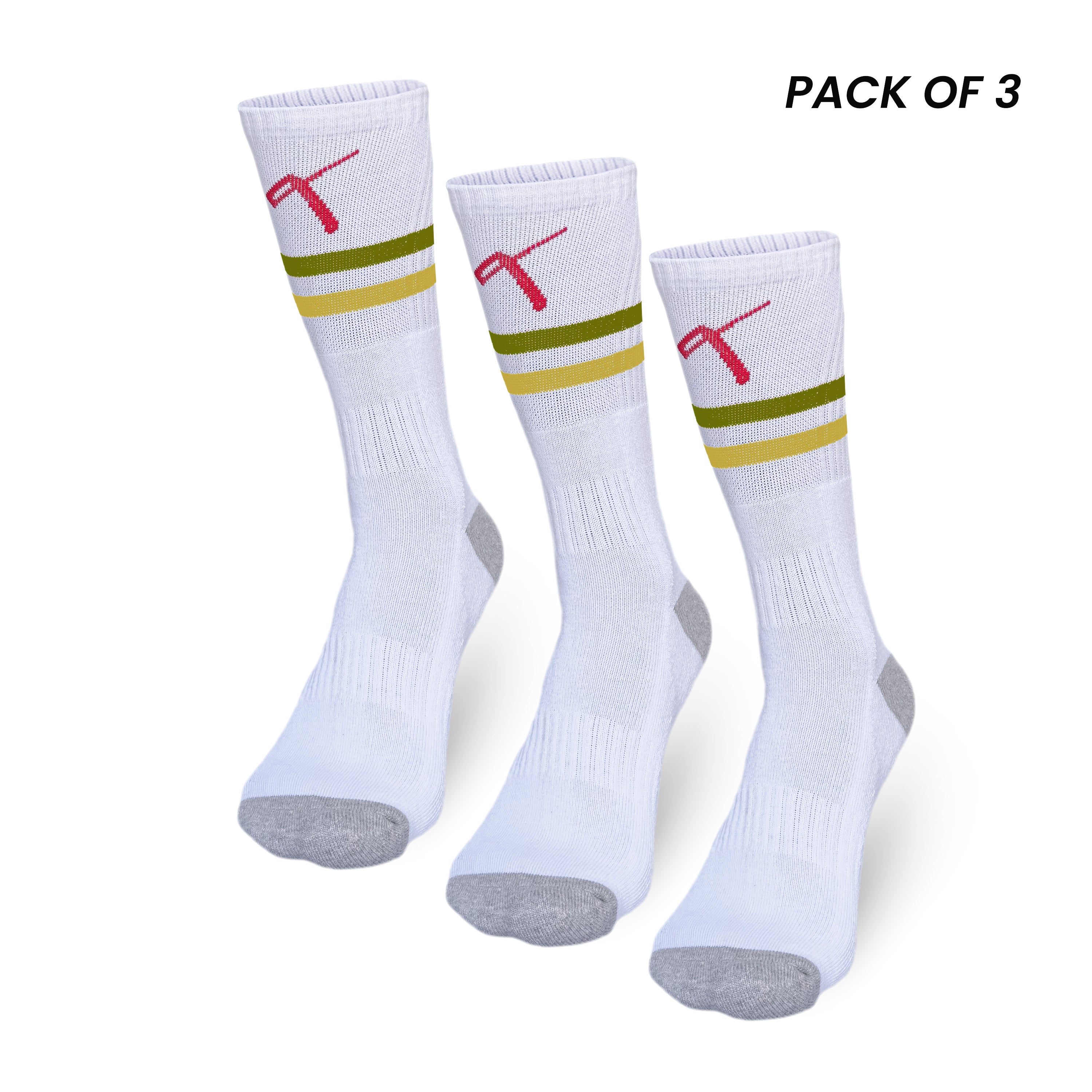 Pack of 3 crew-length tennis socks in white with olive green and yellow stripes.