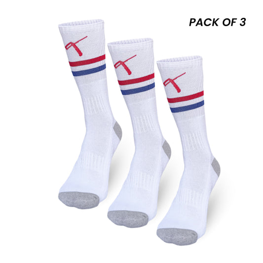 Pack of 3 white crew-length tennis socks with red and blue stripes for men and women.