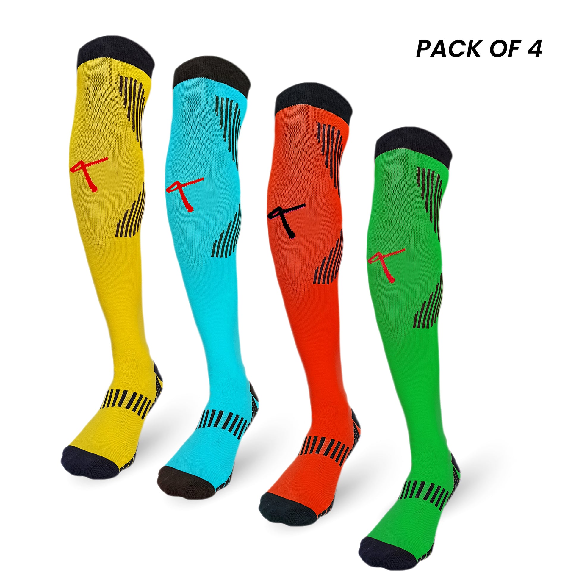 Pack of 4 multicolour football socks in red, yellow, green, and sky blue knee-high style.