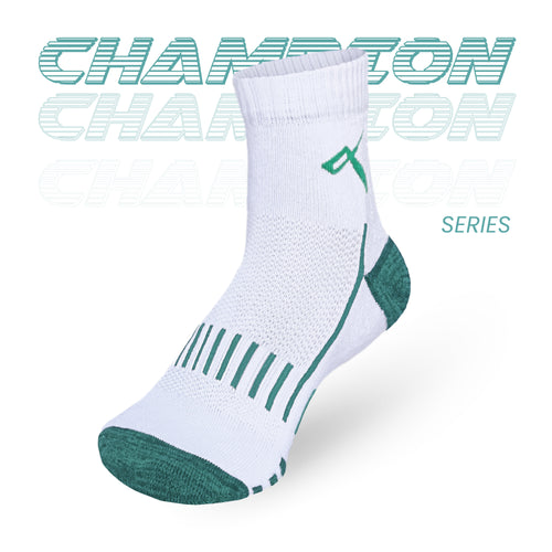 Side angle of white-green mesh performance badminton ankle socks with cushioning.