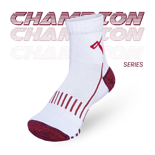 Side angle of white-red mesh performance badminton ankle socks with cushioned sole