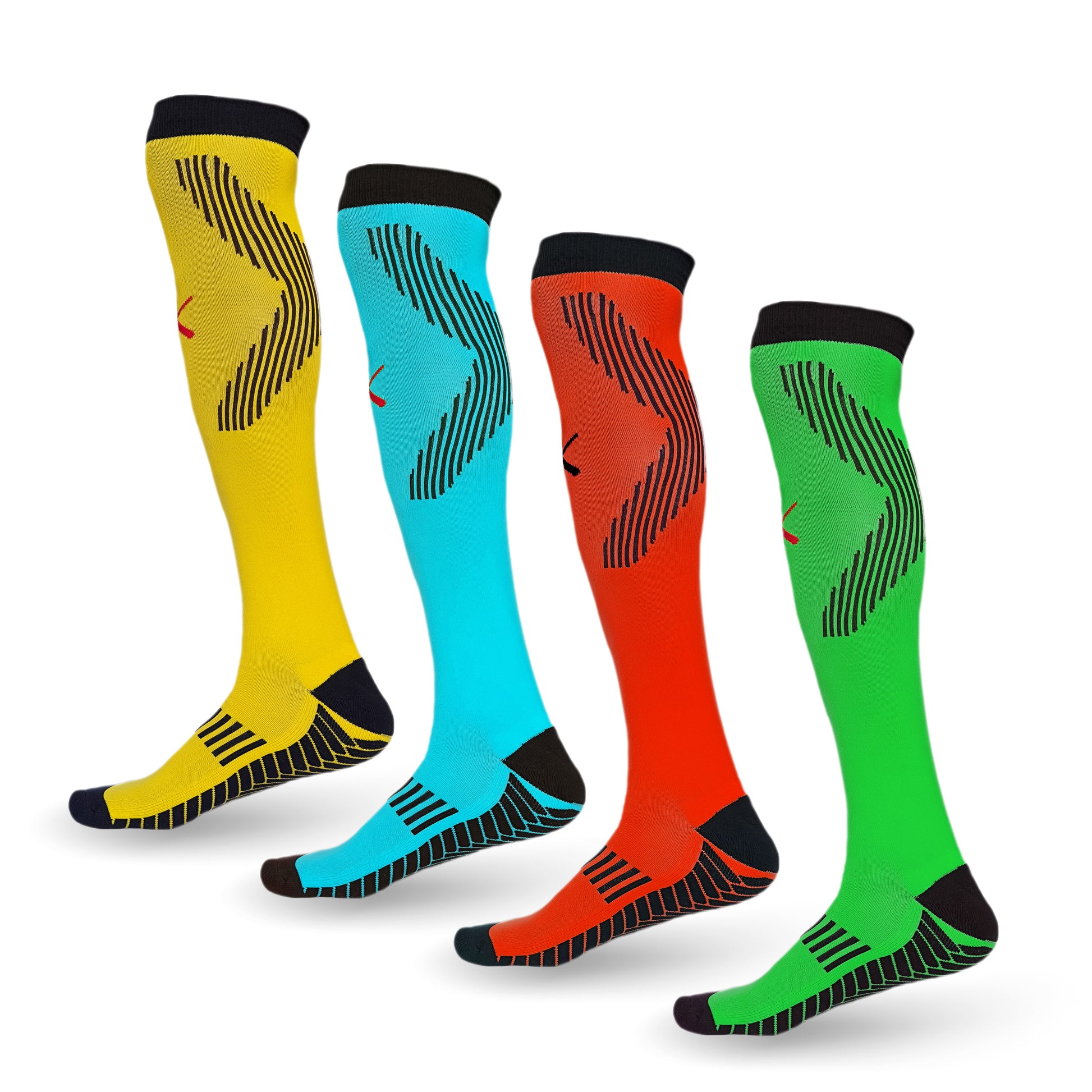 Performance pack of 4 football socks, multicolour knee-high cushioned sports socks for men and women.
