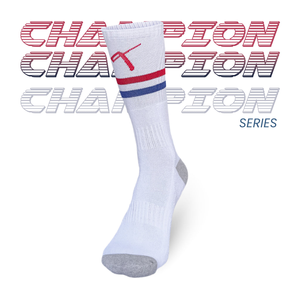 Performance tennis crew socks in white with red and blue striped design