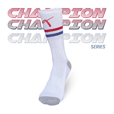 Performance tennis crew socks in white with red and blue striped design