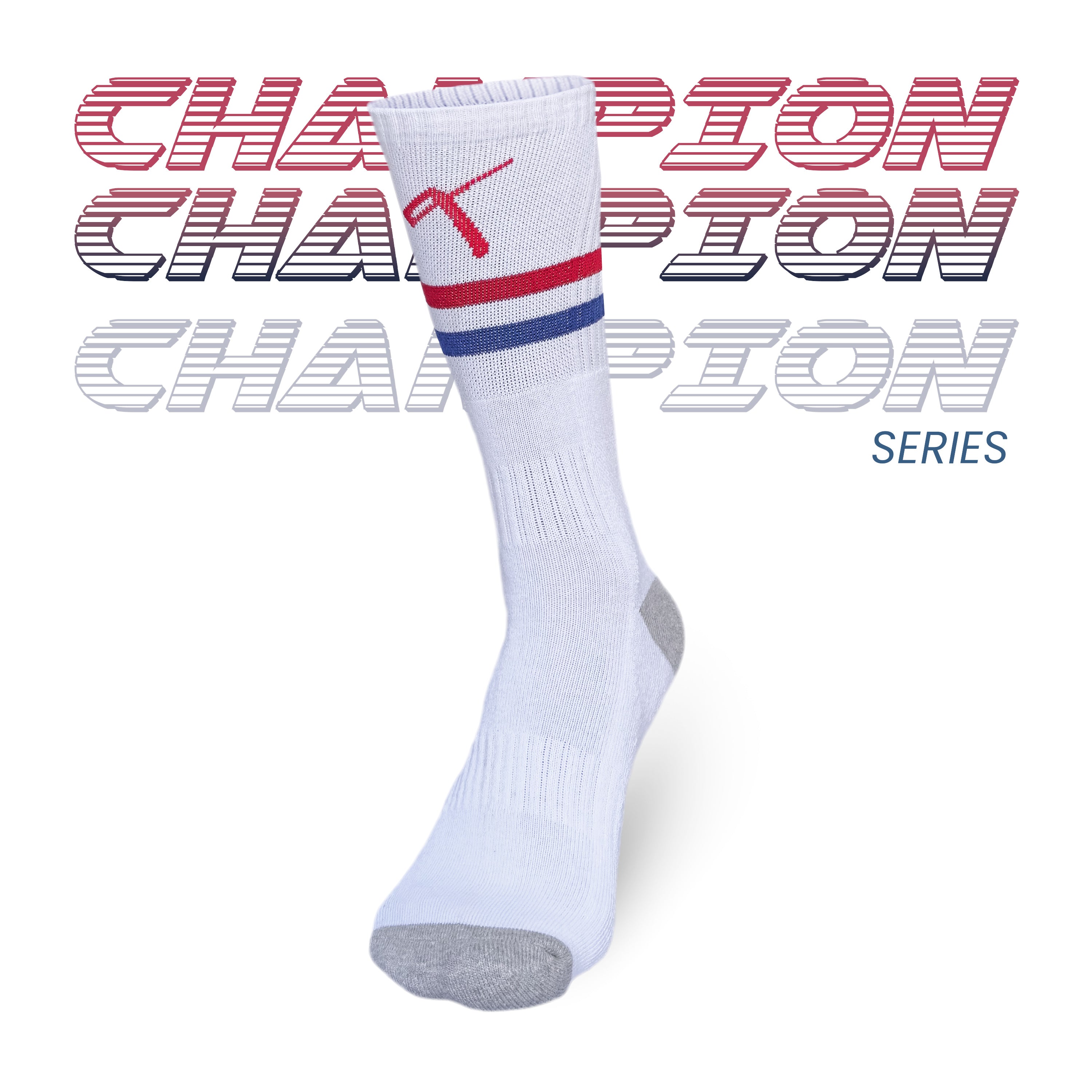 Performance tennis crew socks in white with red and blue striped design