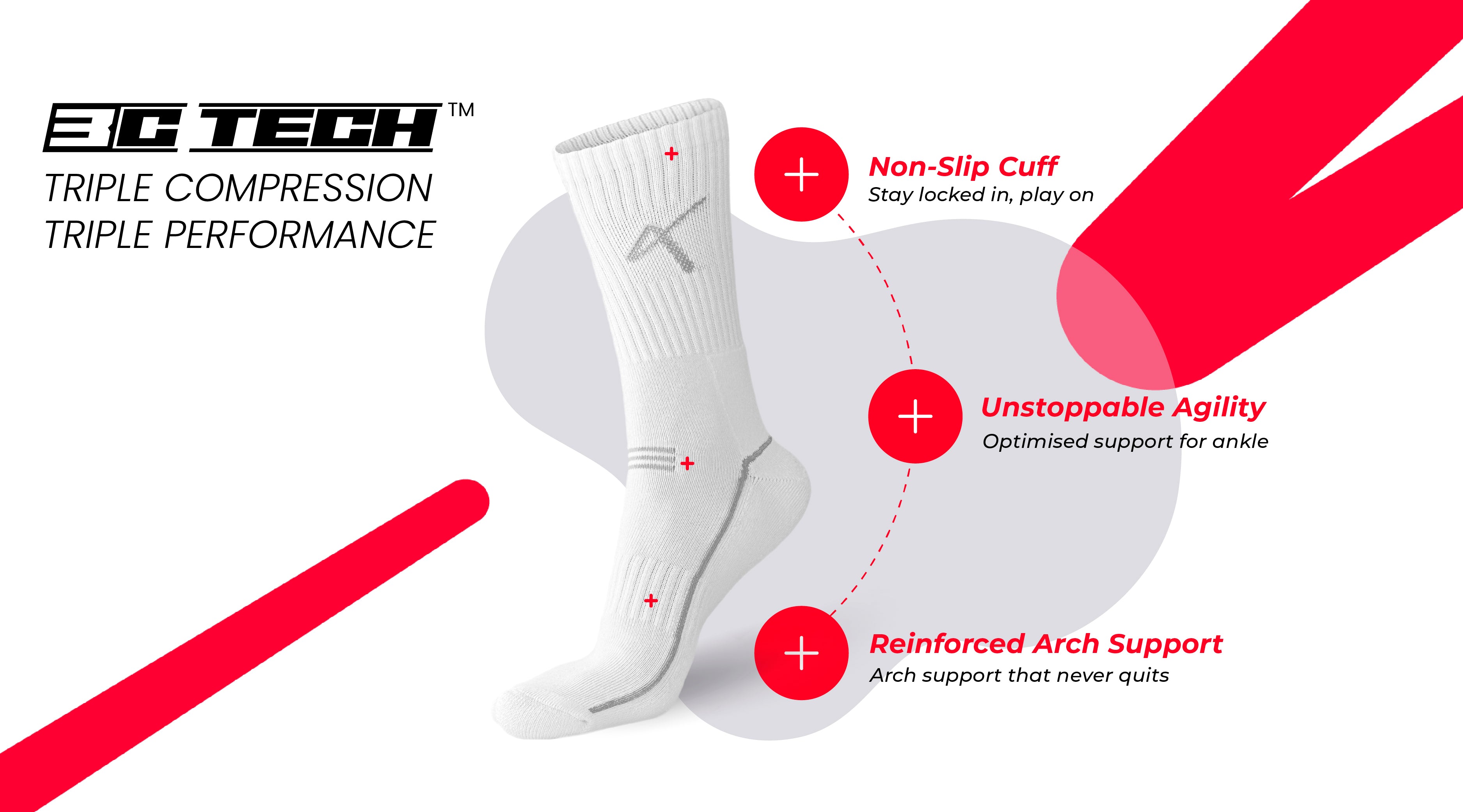Performance sports socks with 3C triple compression design enhancing stability, endurance, and comfort for football, hockey, tennis, badminton, cricket, and running athletes.