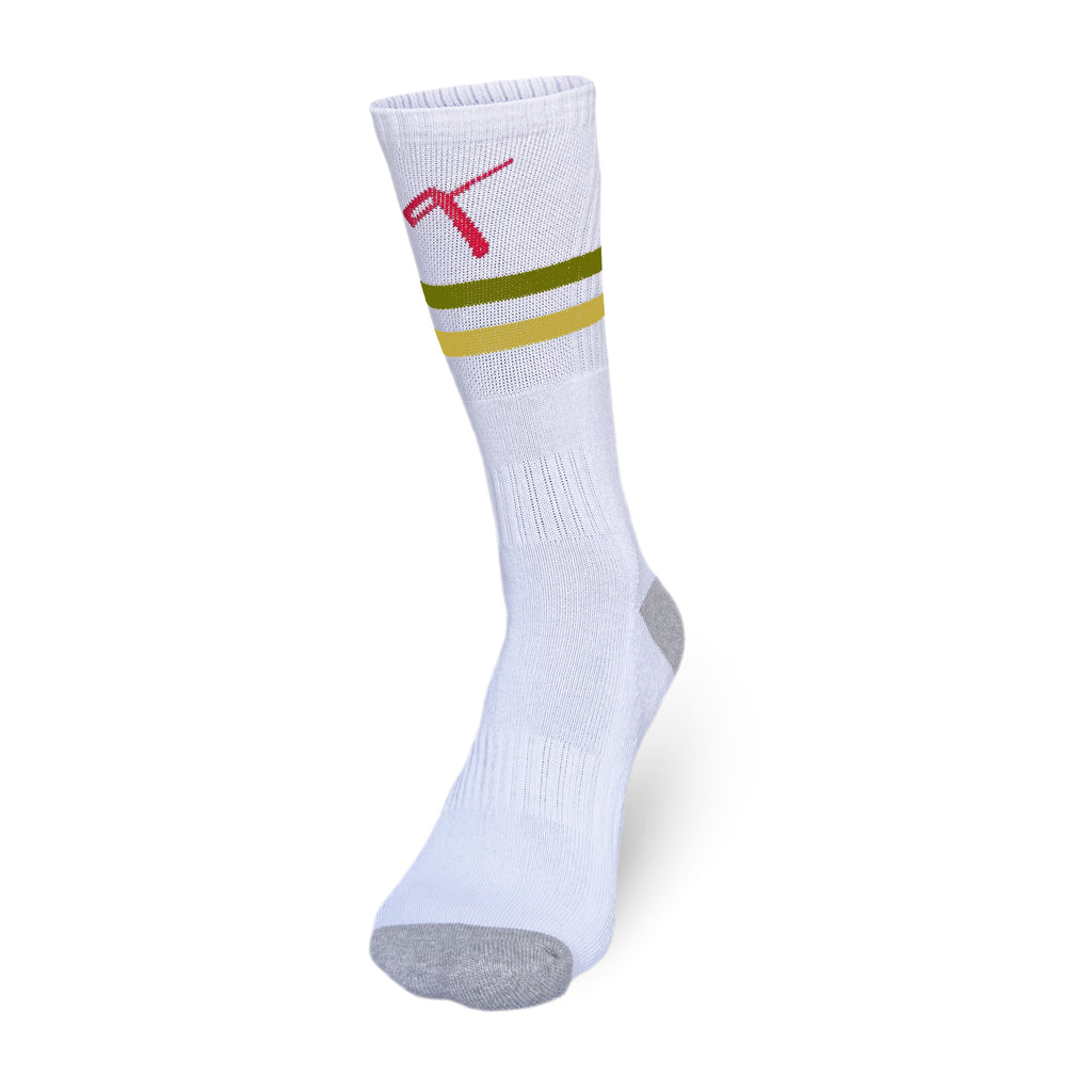 White crew-length tennis socks with olive green and yellow stripes