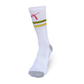 White crew-length tennis socks with olive green and yellow stripes