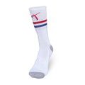 White crew-length tennis socks with red and blue stripes for players.