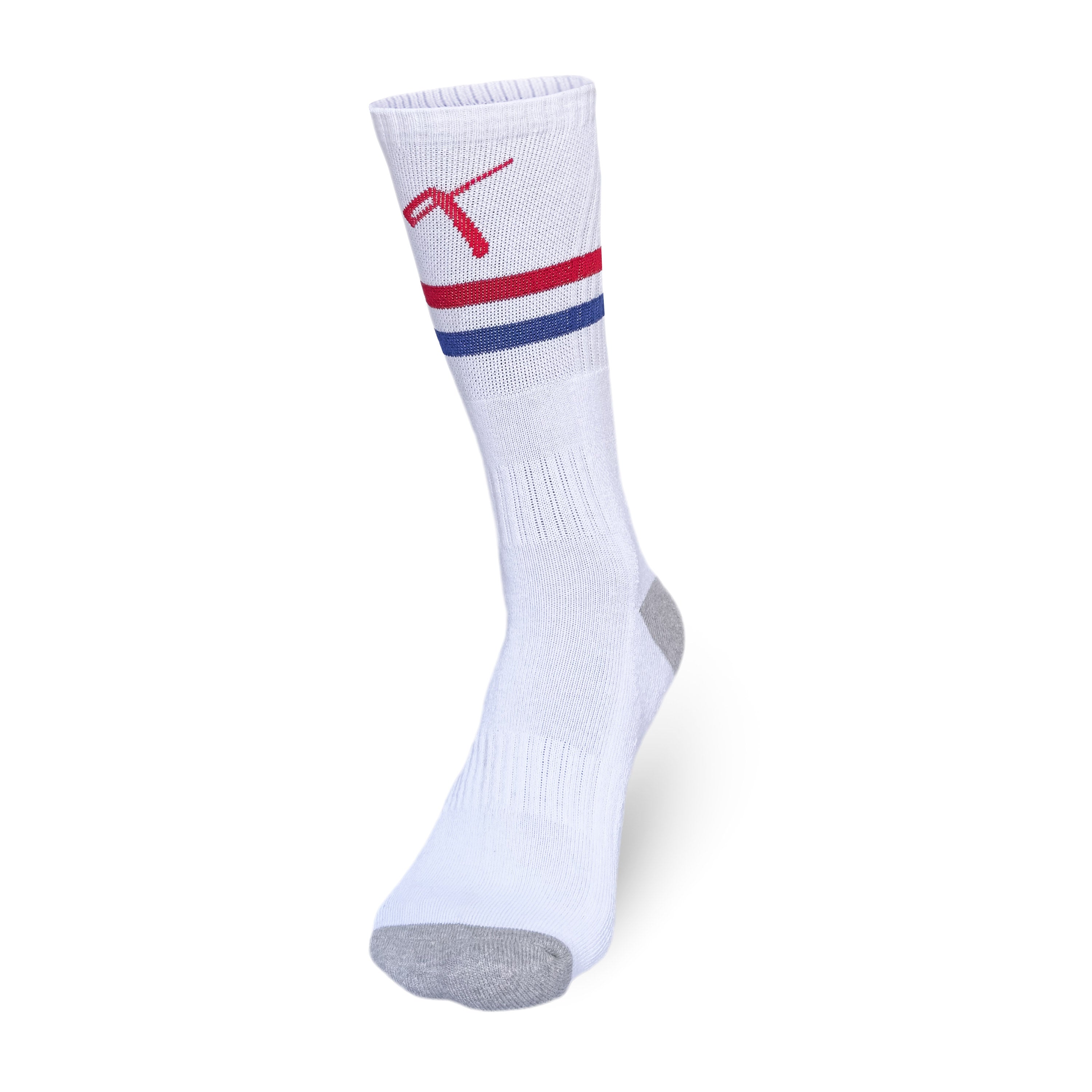 White crew-length tennis socks with red and blue stripes for players.