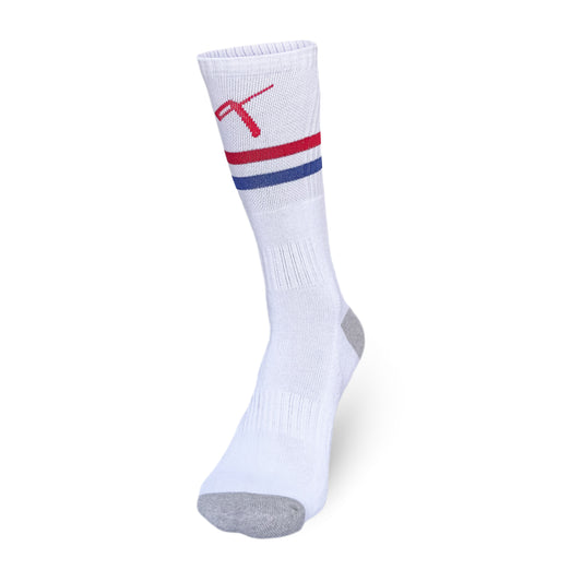White crew-length tennis socks with red and blue stripes for players.
