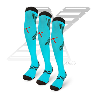 X Series performance football socks pack of 3, sky blue knee-high sports socks for men and women athletes in India.