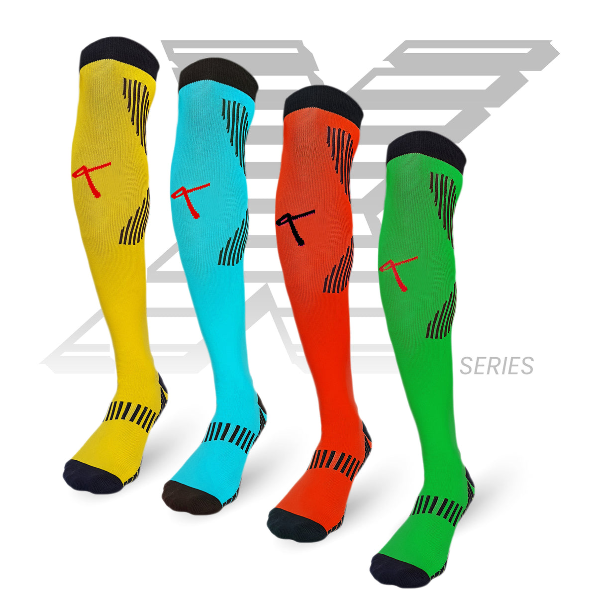 Red, Yellow, Green and Sky Blue X Series knee-high football socks displayed together.